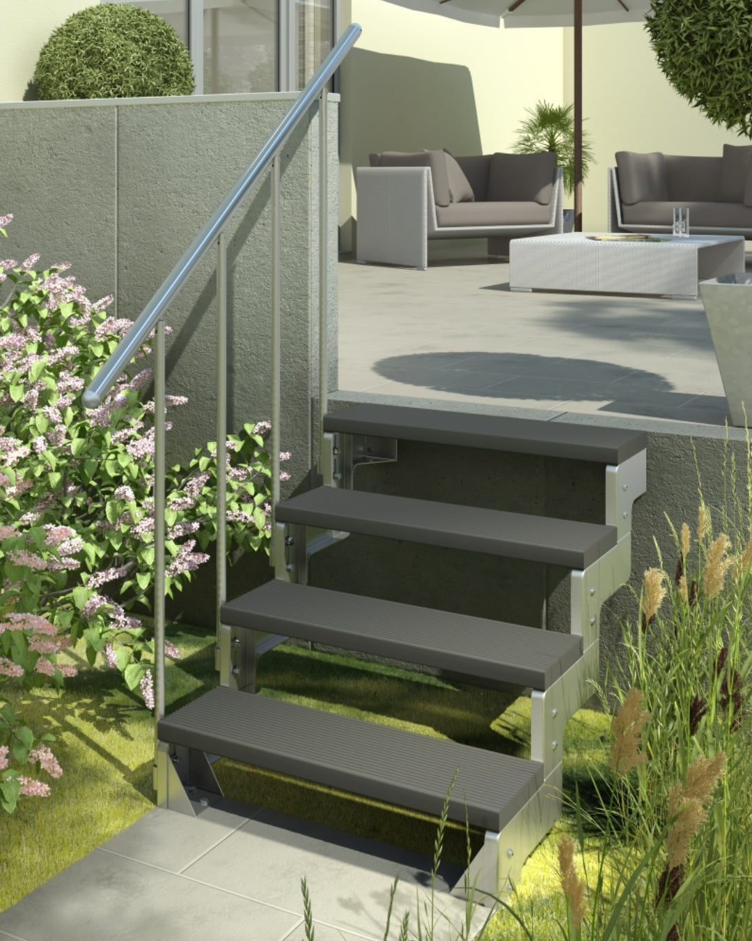 Außentreppe Gardentop mit Geländer und Trimaxstufen anthrazit, 12 Stufen GH 264cm