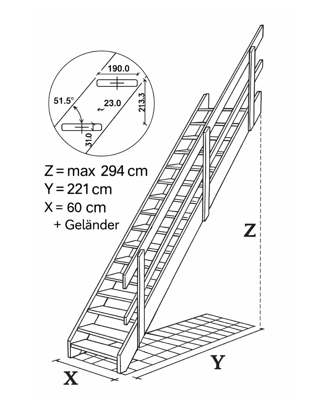 Raumspartreppe Augsburg Fichte - 60 cm Treppenbreite