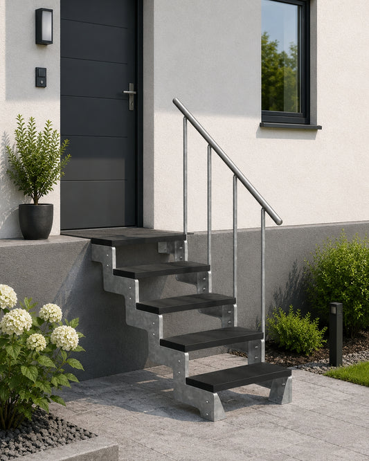 Außentreppe Gardentop mit Geländer und Trimaxstufen anthrazit, 5 Stufen GH 110cm