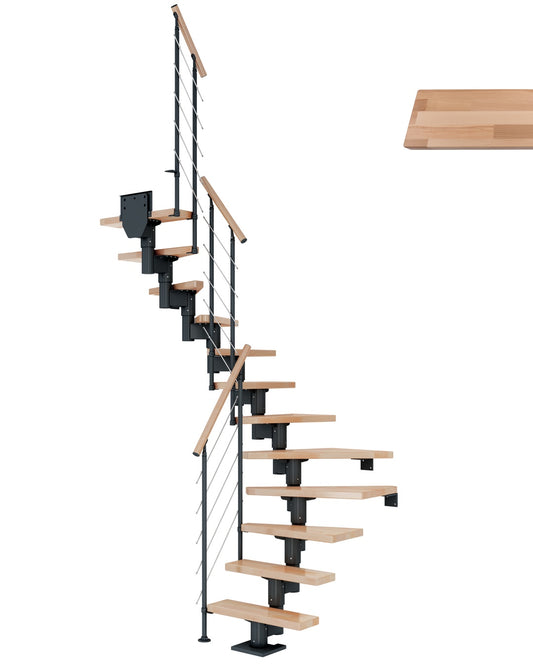 Treppe Dublin, Buche, Treppenlauf 1/2, Anthrazit, Edelstahlgeländer