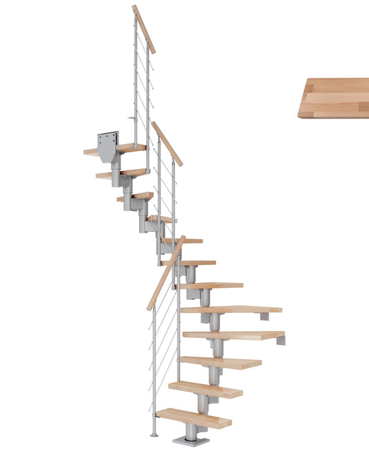 Treppe Dublin, Buche, Treppenlauf 1/2, perlgrau, Edelstahlgeländer