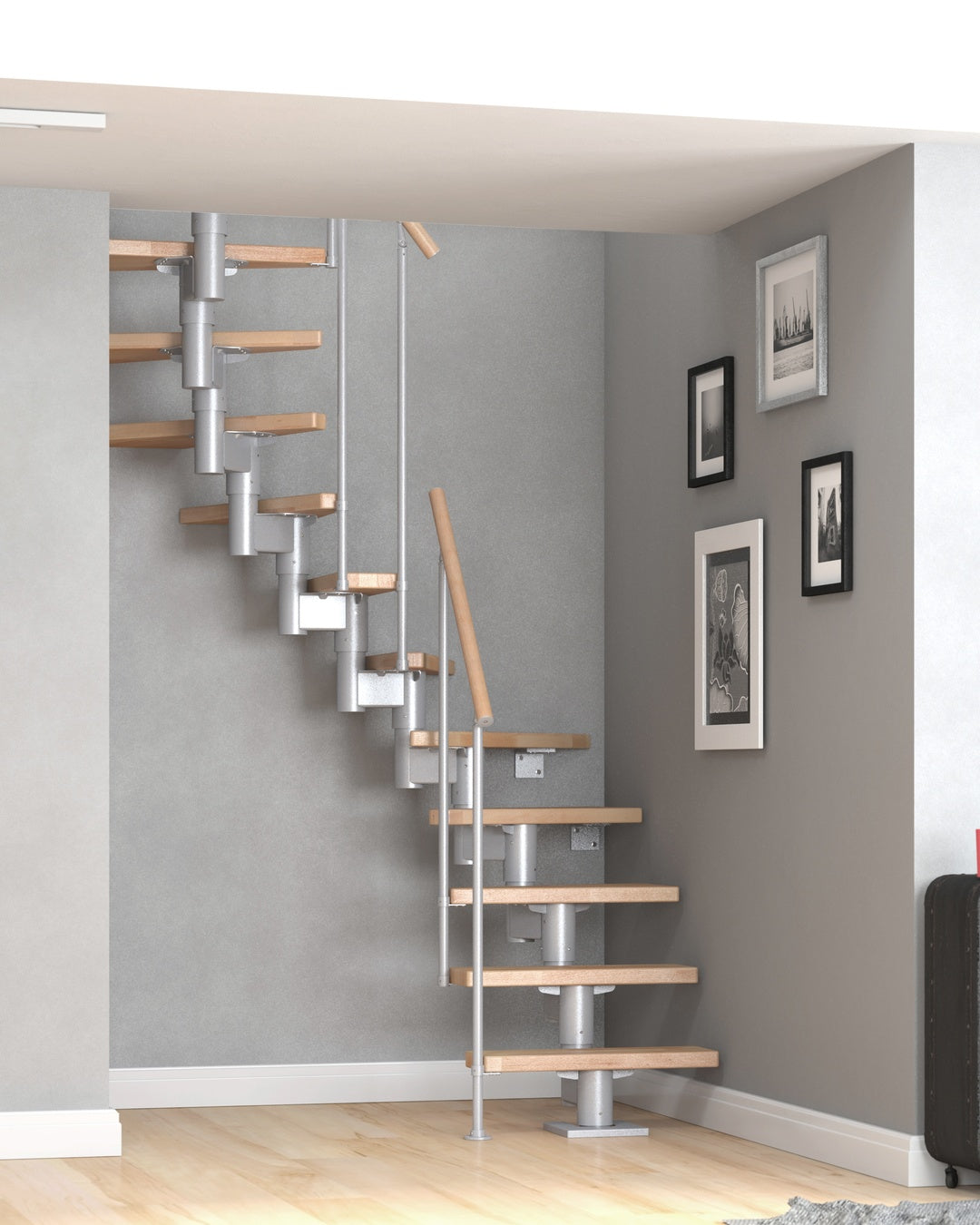 Treppe Dublin, Buche, Treppenlauf 1/2, perlgrau, Einzelstabgeländer