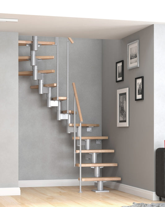 Treppe Dublin, Buche, Treppenlauf 1/2, perlgrau, Einzelstabgeländer