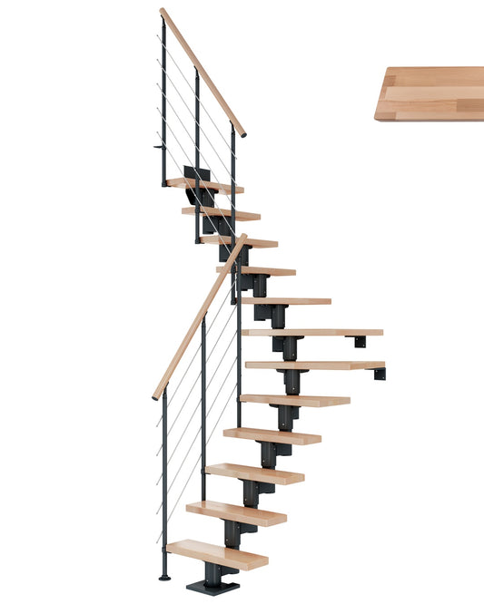 Treppe Dublin, Buche, Treppenlauf 1/4, Anthrazit, Edelstahlgeländer