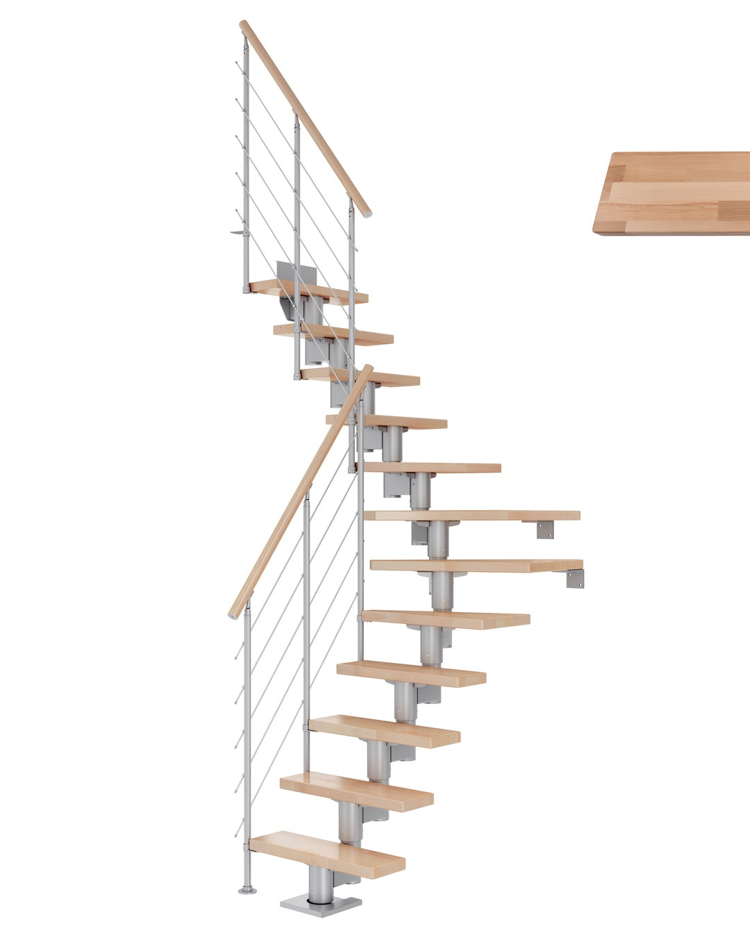 Treppe Dublin, Buche, Treppenlauf 1/4, perlgrau, Edelstahlgeländer