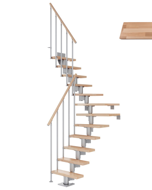 Treppe Dublin, Buche, Treppenlauf 1/4, perlgrau, Einzelstabgeländer