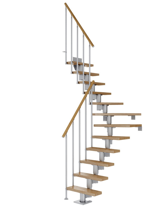 Treppe Dublin, Eiche, Treppenlauf 1/4, perlgrau, Einzelstabgeländer