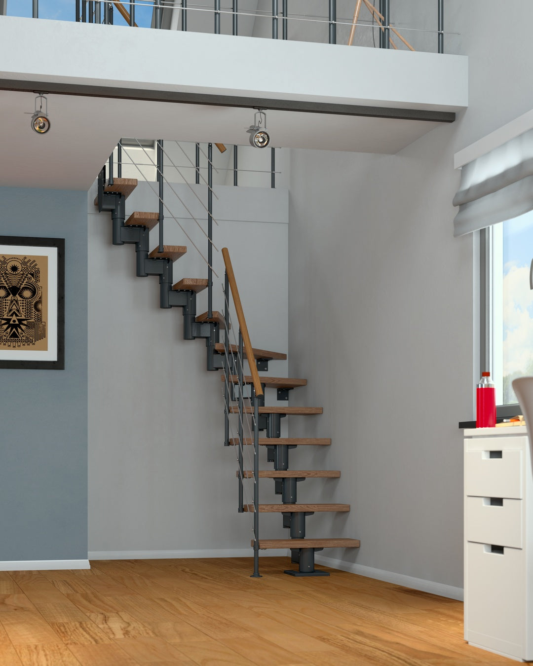 Treppe Dublin, Eiche, Treppenlauf 1/4, Anthrazit, Edelstahlgeländer