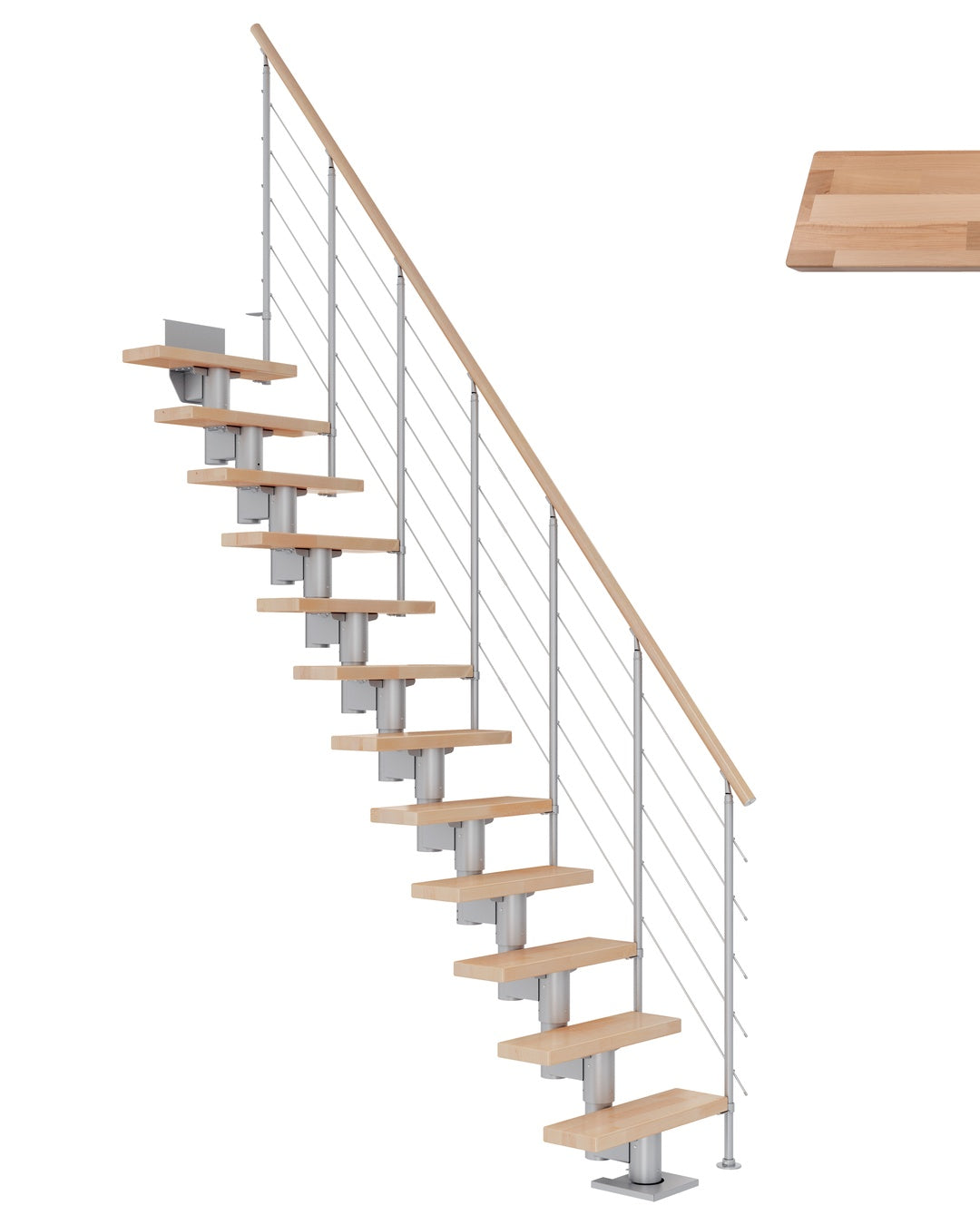 Treppe Dublin, Buche, Treppenlauf gerade, perlgrau, Edelstahlgeländer