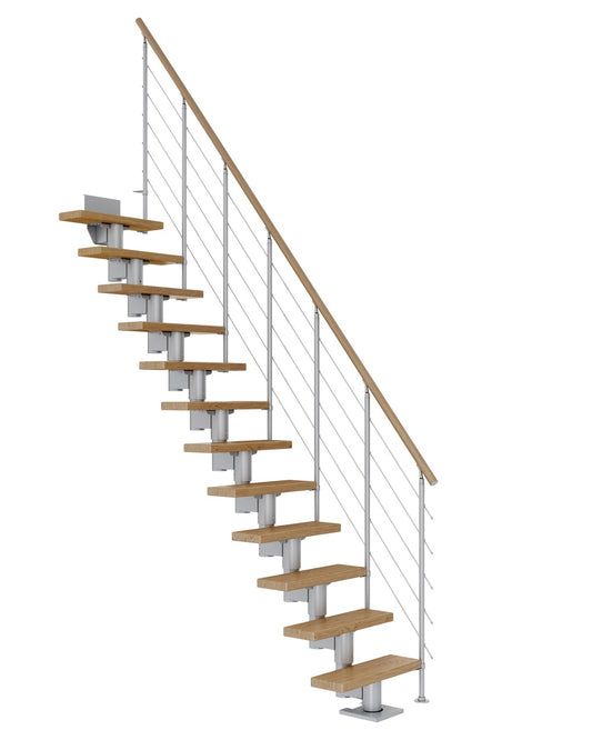 Treppe Dublin, Eiche, Treppenlauf gerade, perlgrau, Edelstahlgeländer
